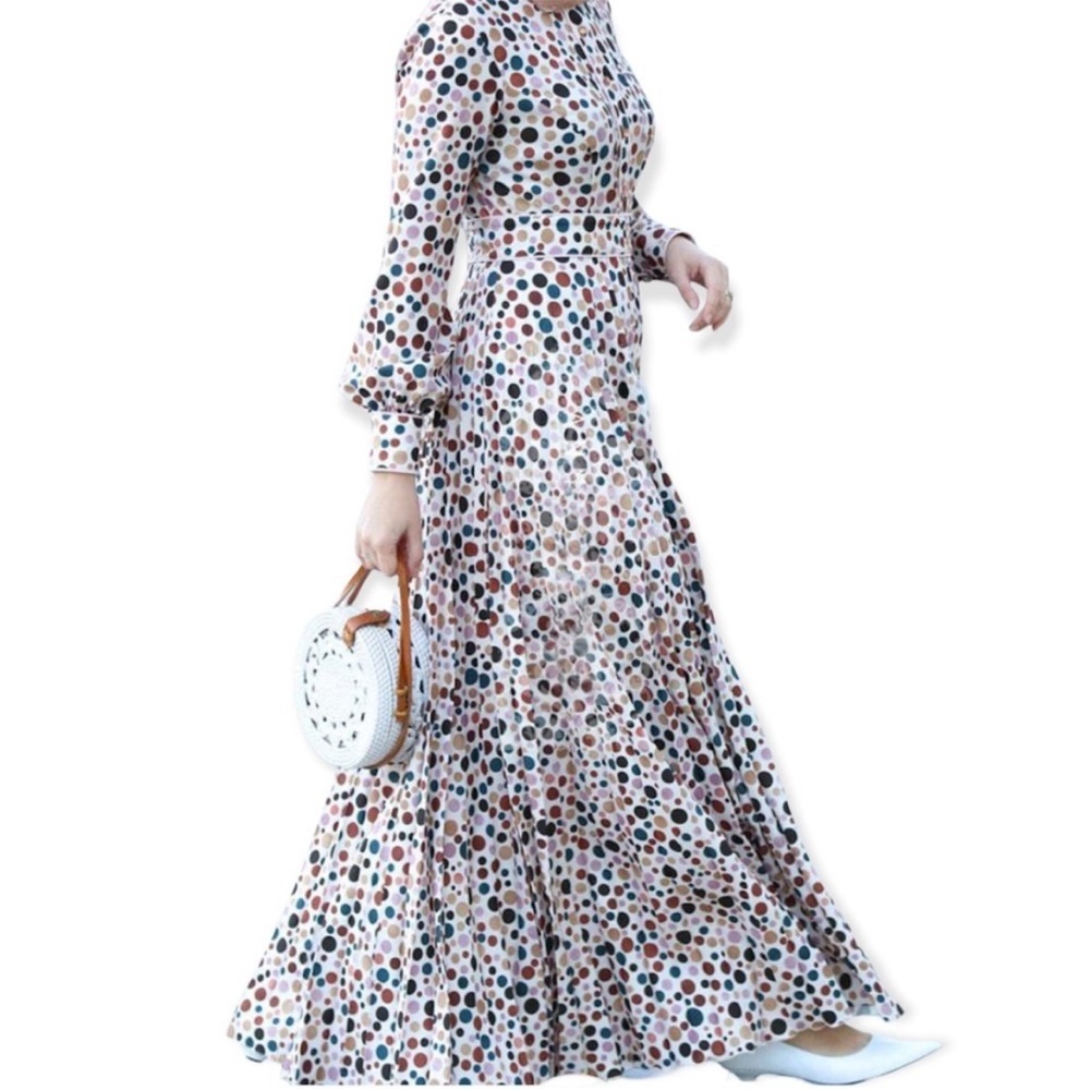 ANNAH Hariri Long Sleeve Maxi Rainbow Dotted Dress with Pleated Skirt